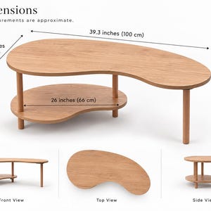 May include: A light brown wooden coffee table with a kidney-shaped top and a smaller lower shelf supported by four cylindrical legs. Dimensions are 39.3 inches long, 18.9 inches wide, and 16.9 inches high, with a 26-inch lower shelf length.