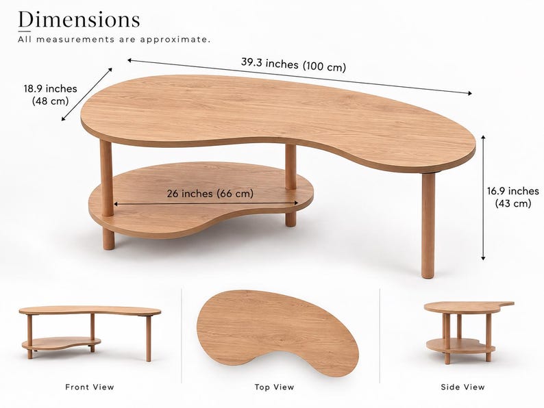 May include: A light brown wooden coffee table with a kidney-shaped top and a smaller lower shelf supported by four cylindrical legs. Dimensions are 39.3 inches long, 18.9 inches wide, and 16.9 inches high, with a 26-inch lower shelf length.