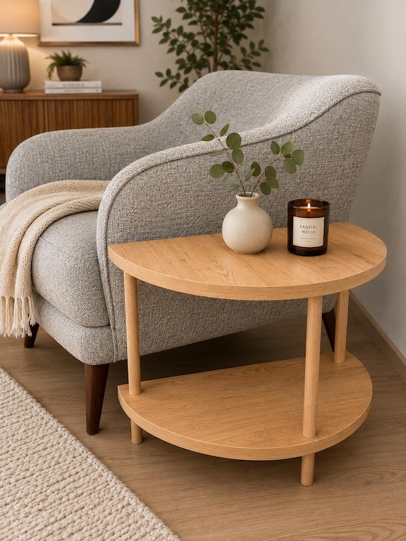 Half Moon Side Table, Beech Wood Legs 2-Tier Accent Table