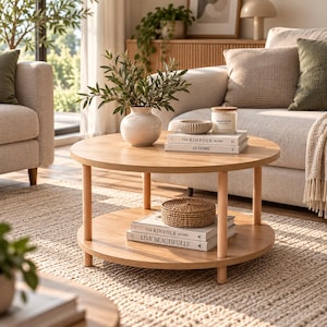 Könnte beinhalten: Ein runder Couchtisch aus hellem Holz mit zwei Ebenen. Auf der oberen Ebene stehen eine weiße, gesprenkelte Vase mit grünen Zweigen, eine kleine geriffelte Schale und eine Kerze. Die untere Ebene enthält einen geflochtenen Korb und zwei Bücher.