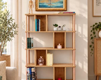 Modern Asymmetrical Bookshelf – Beech Wood Legs, Scandinavian Organizer