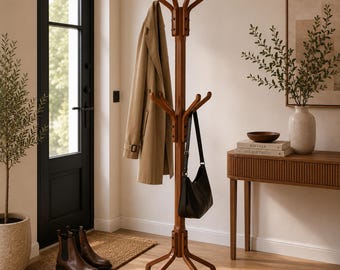 Solid Beech Wood Coat Rack Stand, Freestanding Entryway Rack