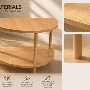 May include: A semi-circular side table with two tiers, featuring a light wood grain finish on the tabletop and shelves, supported by four cylindrical legs. Text on the image specifies 18 mm thick melamine coated chipboard and solid beech wood.