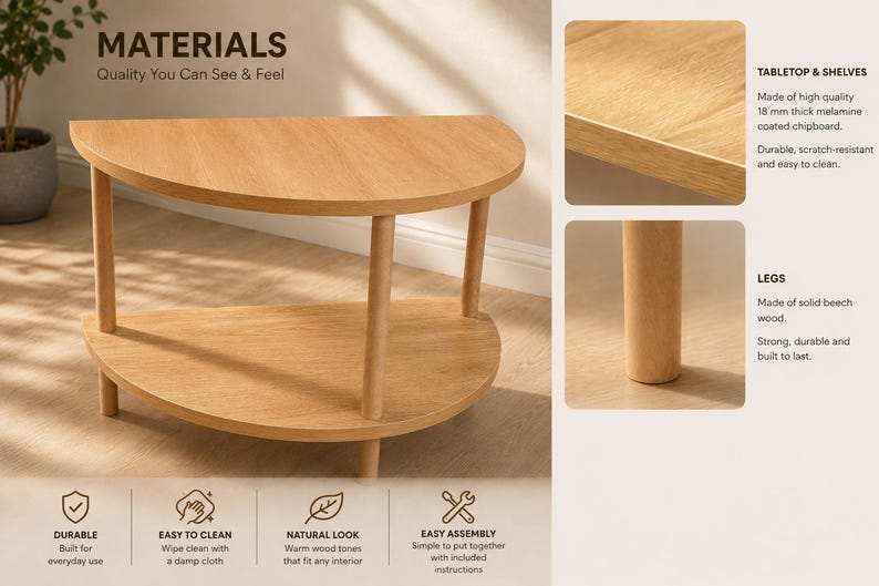 May include: A semi-circular side table with two tiers, featuring a light wood grain finish on the tabletop and shelves, supported by four cylindrical legs. Text on the image specifies 18 mm thick melamine coated chipboard and solid beech wood.