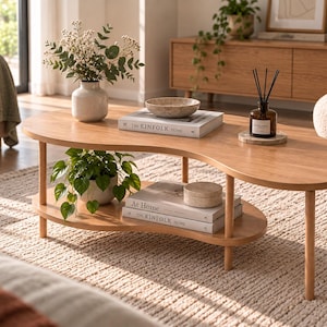 May include: A light wood coffee table with a kidney-shaped top and a matching lower shelf supported by four cylindrical legs. The table holds a white vase with greenery, a bowl, a reed diffuser, and two books titled The Kinfolk Home and At Home.