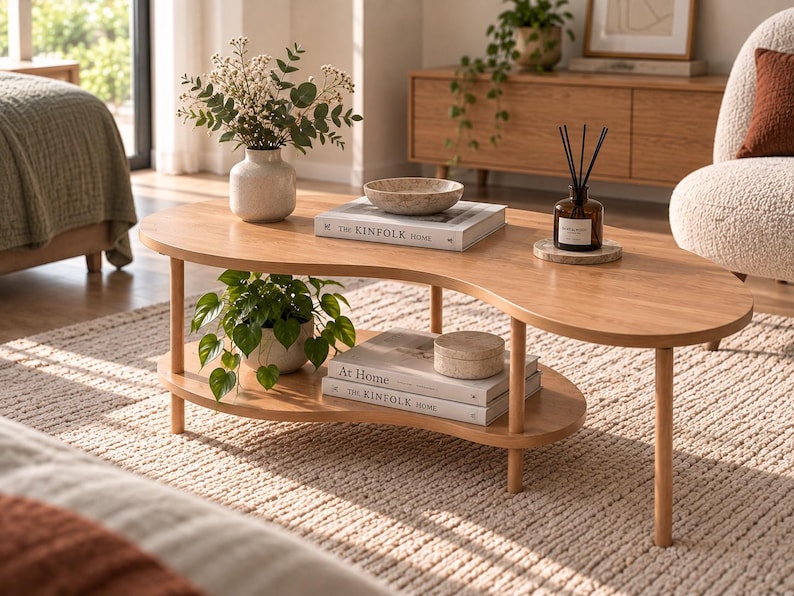 May include: A light wood coffee table with a kidney-shaped top and a matching lower shelf supported by four cylindrical legs. The table holds a white vase with greenery, a bowl, a reed diffuser, and two books titled The Kinfolk Home and At Home.