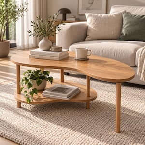 Op de afbeelding: Een niervormige salontafel met twee niveaus, gemaakt van lichtbruin hout met vier cilindrische poten. Op het bovenblad staan een witte vaas met groen, twee boeken met de titels The Kinfolk Home en At Home, en een keramische mok.