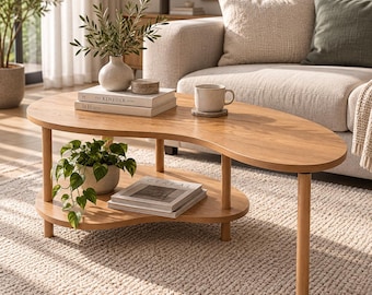 Bean Shaped Coffee Table,  Modern Minimalist Center Table with Beech Wood Legs