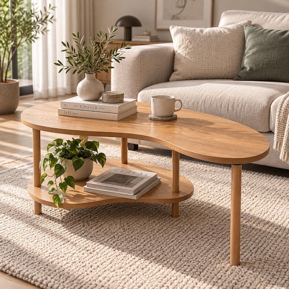 Bean Shaped Coffee Table,  Modern Minimalist Center Table with Beech Wood Legs