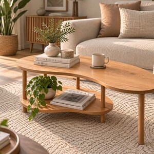 May include: A kidney-shaped wooden coffee table with a light brown finish and a lower shelf. The table features four cylindrical legs and holds a white ceramic vase with greenery, a small round box, a mug, and several stacked books.