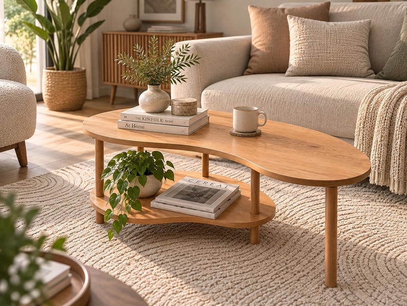 May include: A kidney-shaped wooden coffee table with a light brown finish and a lower shelf. The table features four cylindrical legs and holds a white ceramic vase with greenery, a small round box, a mug, and several stacked books.
