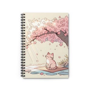 Cat Spiral Sakura Notebook - Ruled | Cherry Blossom Toned, Kawaii Stationery, Journal for Cat Lovers, Gift for Students, Floral Writing Pad,