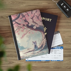 Capa para passaporte com tema de gato, acessórios de viagem para amantes de gatos, presente fofo, design de flor de cerejeira, viagem com desejo de viajar