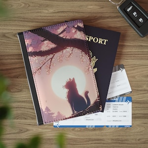 May include: A passport cover with a cat silhouette under a cherry blossom tree, a passport, and two plane tickets. The cover has a black border and a design of a cat looking at a large sun. The tickets have the text "LOREM IPSUM" and "TOKYO TO PARIS".