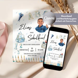 Invitation d'inscription scolaire personnalisée pour garçons | Carte d'invitation de rentrée scolaire | Modèle Canva + invitation WhatsApp numérique et imprimable | Les jours d'école