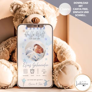 Digitale Geburtsanzeige  für Jungen mit Foto • Canva Vorlage  • E-Card Geburt Baby • Geburtsdaten sofort per WhatsApp versenden