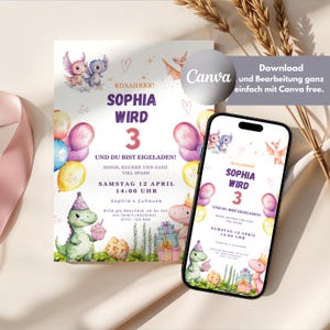 Dino verjaardagsuitnodiging 3 jaar | Uitnodiging voor kinderfeestje meisje | Canva-sjabloon met dinosaurusontwerp + WhatsApp-versie digitaal en afdrukbaar
