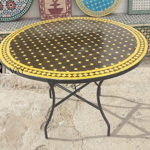 Handmade Moroccan Zellige Mosaic Table – Round Yellow Brown Tile Table with Wrought Iron Base for Outdoor Patio or Garden Decor