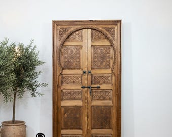 Puerta doble marroquí tallada, puerta de madera arqueada hecha a mano – Puertas de entrada de madera