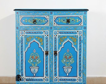 Aparador marroquí pintado a mano – Armario arabesco azul – Aparador de madera hecho a mano con 2 puertas y cajones