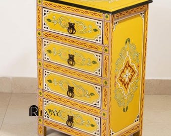 Mesa de cabeceira marroquina pintada à mão com 4 gavetas: cômoda vintage, armário de armazenamento amarelo exclusivo