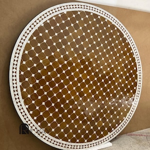 Brown and White Moroccan Mosaic Table, Handmade Round Zellige Tile Table with Iron Base | Minimalist Artisan Patio or Dining Accent