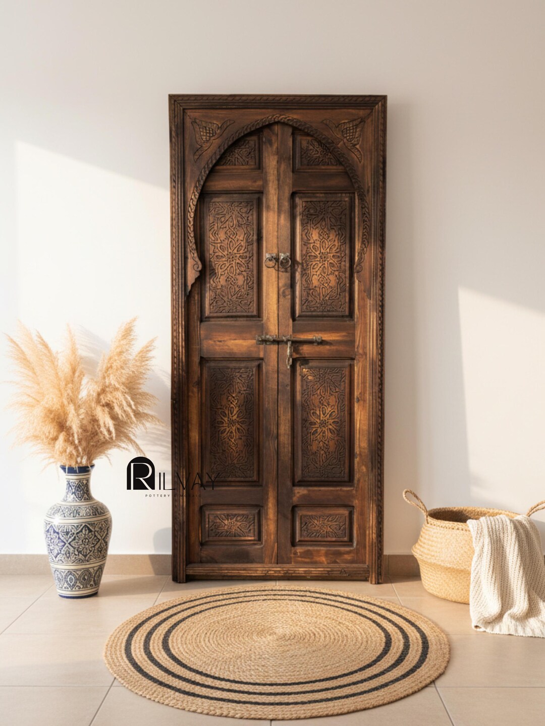 Moroccan Double Door Artwork – Carved Wooden Custom Doors for Entryway ...