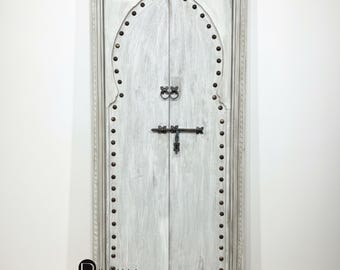 Moroccan Arched Double Door : Handmade Whitewash Wood Door, Custom Exterior & Interior Wooden Doors