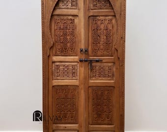 Moroccan Carved Double Door : Handmade Arched Wood Door – Custom Exterior & Interior Wooden Entryway Doors