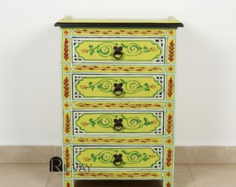 Hand-Painted Moroccan Nightstand : Unique Wooden Dresser – Vintage Lime Green End Table Storage Cabinet