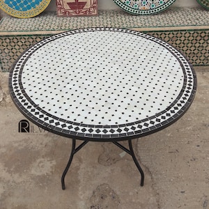 Black and White Moroccan Mosaic Table – Round Zellige Tile Table with Wrought Iron Base for Patio, Balcony or Garden Decor