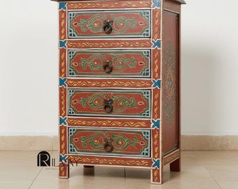 Mesita de noche marroquí pintada a mano – Cómoda de madera única – Mesita auxiliar vintage de terracota roja con armario de almacenamiento