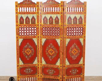 Biombo marroquí de madera: biombo plegable de 3 paneles pintado a mano - Biombo de madera artesanal