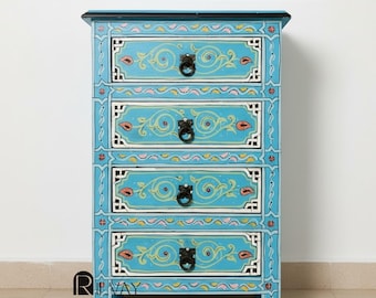 Comodino marocchino dipinto a mano – Mobiletto turchese a 4 cassetti in legno massello