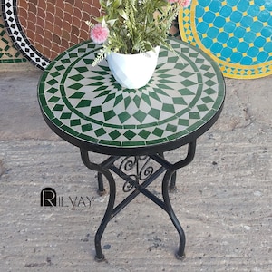 Green and White Moroccan Mosaic Table – Handmade Round Zellige Tile Table with Wrought Iron Base for Patio or Garden Decor