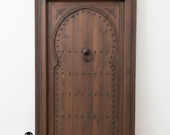 Hand-Carved Moroccan Solid Wood Door: Berber Studded Arched Entryway/Interior Furniture