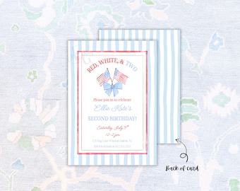 Puede incluir: Una invitación patriótica para una fiesta de segundo cumpleaños. El diseño presenta colores rojo, blanco y azul con banderas americanas y un lazo. El texto dice "RED, WHITE, & TWO" e incluye detalles del evento.