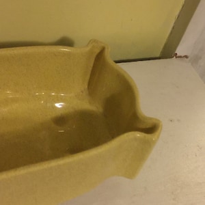 May include: A yellow rectangular ceramic dish with a speckled texture. The dish has a wavy rim with raised handles on each end. The interior is smooth and glossy. The dish is likely for baking or serving.