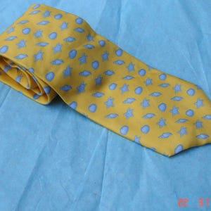 Vintage Yellow Silk Necktie with  Light Blue Seashells  - Made in the U.S.A.