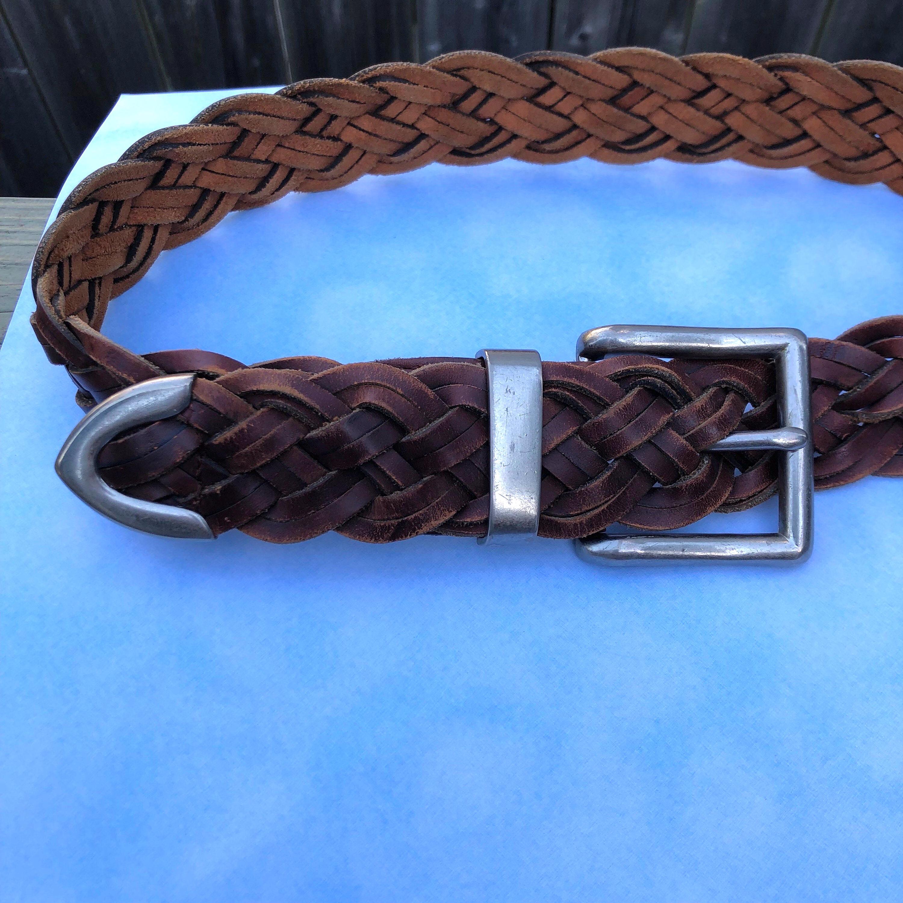Vintage Braided Brown Leather Belt With Silver Metal Buckle 