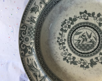 Antique Late 1800s Semi-Porcelain Kioto BC & W  Late Mayers - Dark Green Stork/Crane and Floral Transferware Bowl - Beautiful