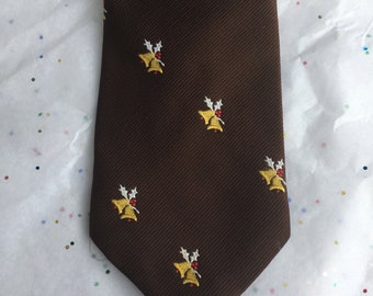 Vintage Brown Goodson Gold Bells and Holly Berries Necktie