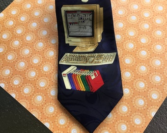 Vintage Computer Floppy Disc Necktie by Fratello - Made in Korea