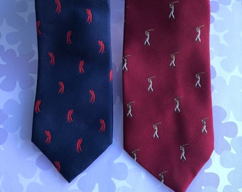 Vintage Pair of Cranberry Red and Navy-Blue Golf Themed Neckties - Nice Condition