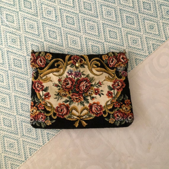 Vintage Black Floral Tapestry Purse with Brass Pu… - image 2