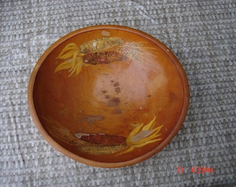 Antique Large Hand Carved Wooden Bowl with Hand Painted Corn Decor - Signed by Artist ''Juanita'' - Made in Stepney,Ct.