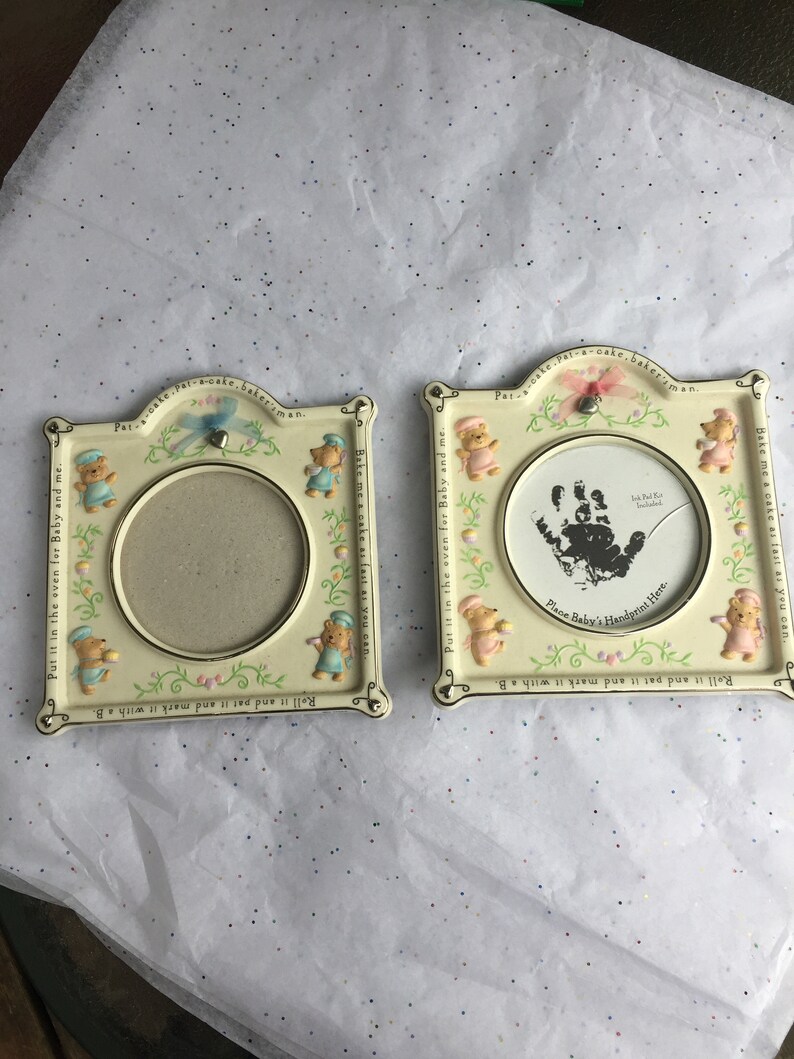 Vintage Pair Of Hallmark Porcelain Pat A Cake Pink And Blue Bear Decor Frames Beautiful