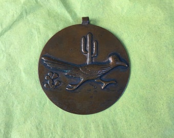 Vintage  Large Round Copper Road Runner Pendant - Very Nice