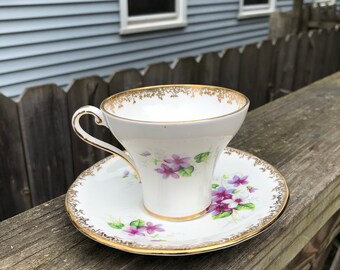 Vintage Aynsley Bone China Purple Violets Cup and Saucer