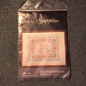 Vintage Good Shepherd Embroidery Kit - Baby&#39;s Cross stitch Sampler - 1984